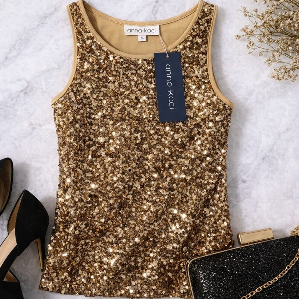 Anna Kaci Sequin Tank Gold Sleeveless Party Top Stretch Back NWT Small